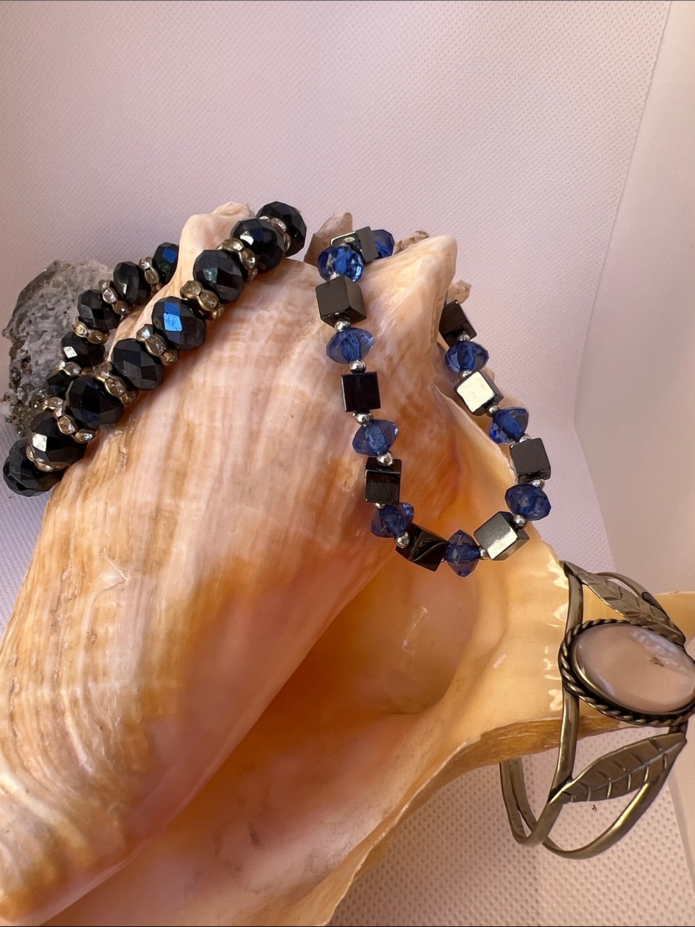 Vintage Blue and Black Faceted Beaded Bracelet Set